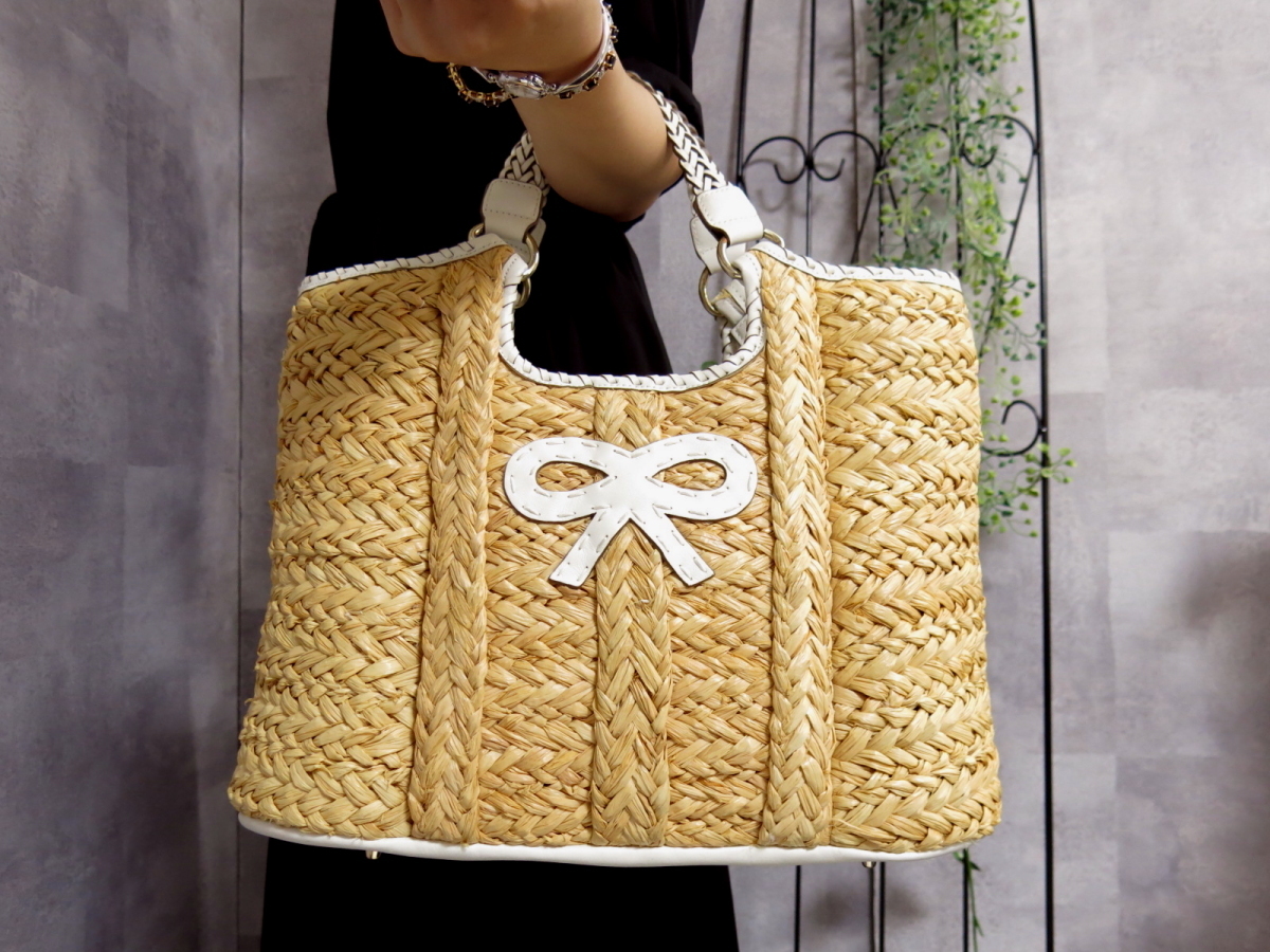 ●美品●Anya Hindmarch アニヤハインドマーチ●ラフィア かご カーフ レザー 本革●編み込みハンドル トート バッグ●ベージュ 白●19678