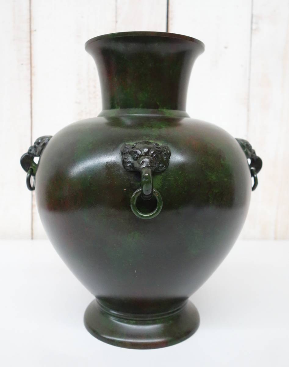 蝋型鋳銅 龍台付壺 高さ38cm 銅製 花器 花瓶 飾壺 古銅 古美術 骨董品 伝統工芸 工芸美術 ＊鋳銅花瓶 銅製 銅器 花立 花生 飾壺 ＊獣
