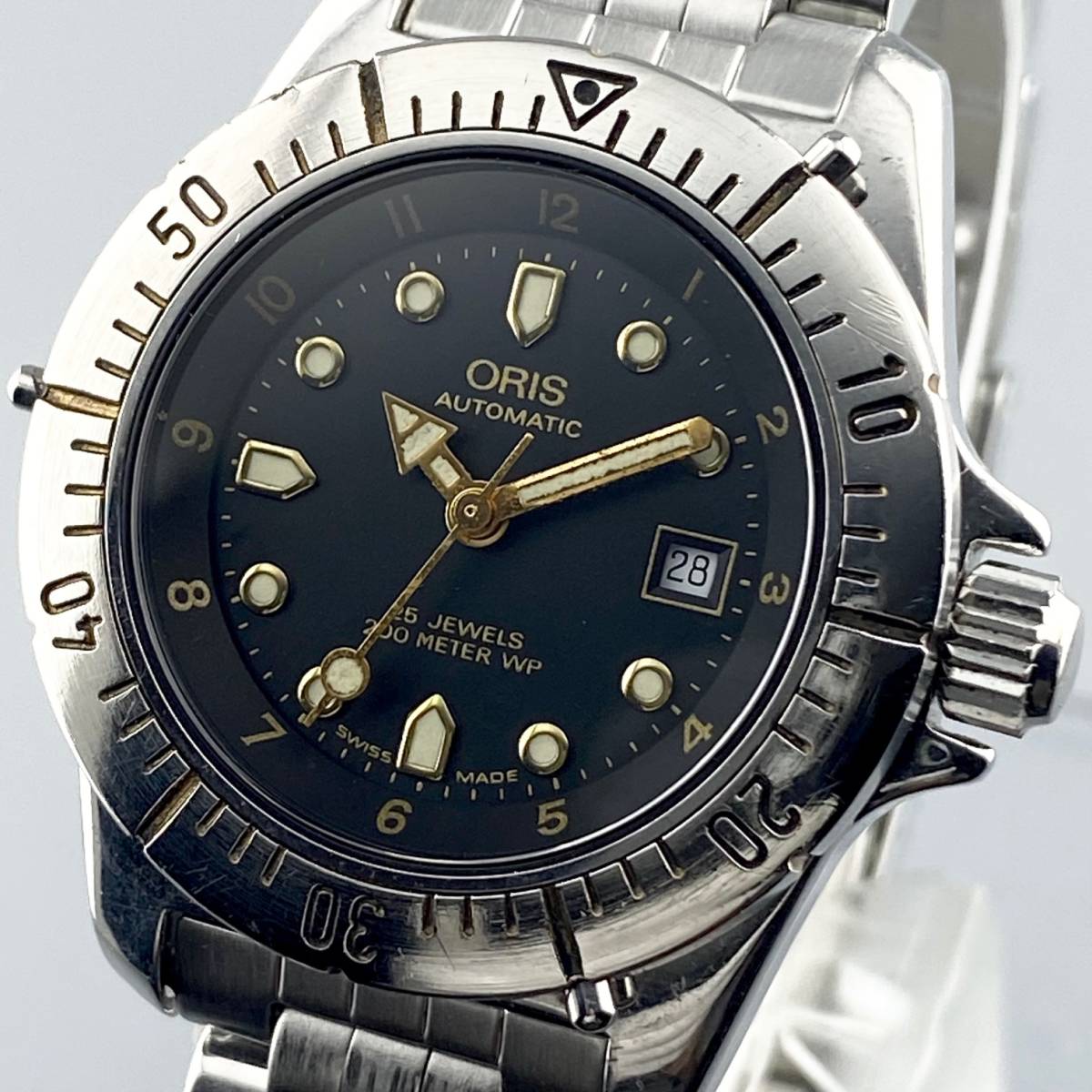 【1円～】ORIS オリス 腕時計 レディース AUTO 自動巻 ダイバー 25石 ブラック文字盤 デイト ラウンドフェイス 200m 可動品