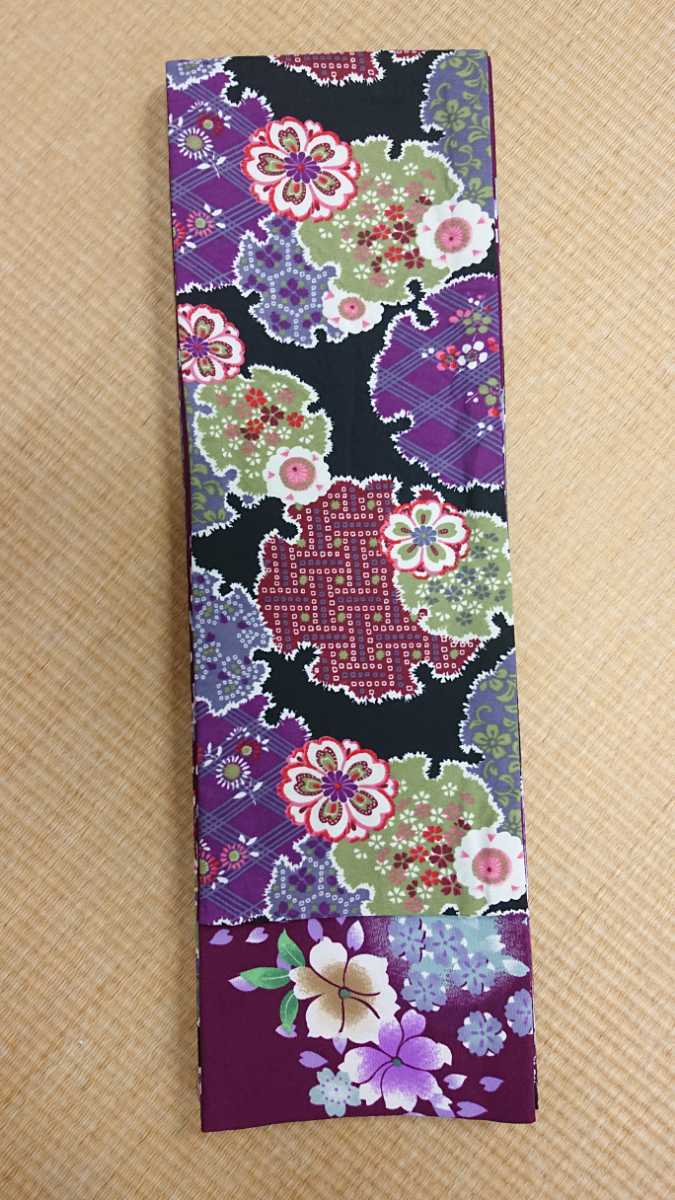 新品 仕立て上がり細帯 5 半巾帯 リバーシブル 黒・ワインレッド ポリエステル 半巾袋帯 未使用 小紋 ウール 浴衣 アンサンブル 送料無料