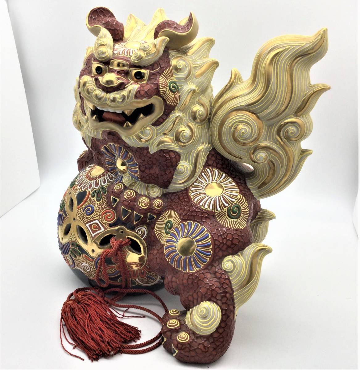 九谷焼 小槌乗り獅子 白獅子 狛犬 シーサー 魔除け 厄除け 置物 約30cm