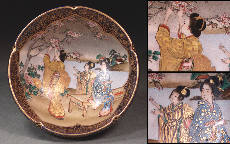 ∇花∇海外コレクター蒐集品 明治期近代輸出SATSUMA【六代錦光山宗兵衛】作 京薩摩瑠璃金欄手花見人物図平茶碗 里帰りコレクション ◇18