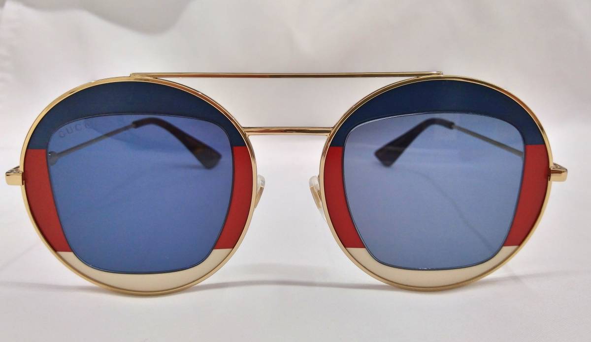 【数量限定，大人気】 GUCCI グッチ ダブルブリッジ ラウンドサングラス ゴールド レッド ネイビー ホワイト GG0105S(サングラス)｜売買されたオークション情報、yahooの商品情報をアーカイブ公開 - オークファン 服飾小物