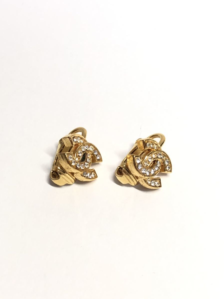 e401/超美品/シャネル/イヤリング/ビンテージ/ヴィンテージ/ラインストーン/ココマーク/金ゴールド系/レディース女性用/1st