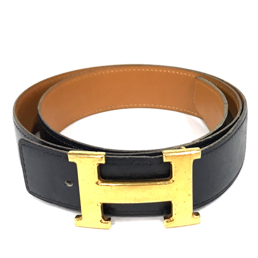 エルメスサイズ 35 レザー ベルト Hバングル ゴールド金具 ファッション小物 メンズ ブラック×ブラウン HERMES