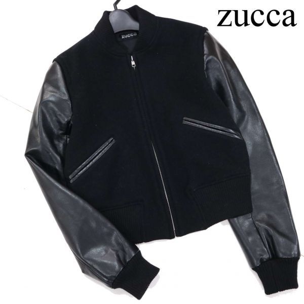 zucca ズッカ イッセイミヤケ期★ 秋冬 袖革 Fレザー ウール スタジャン ジャケット Sz.M　レディース 黒 日本製　D1T01182_9#N