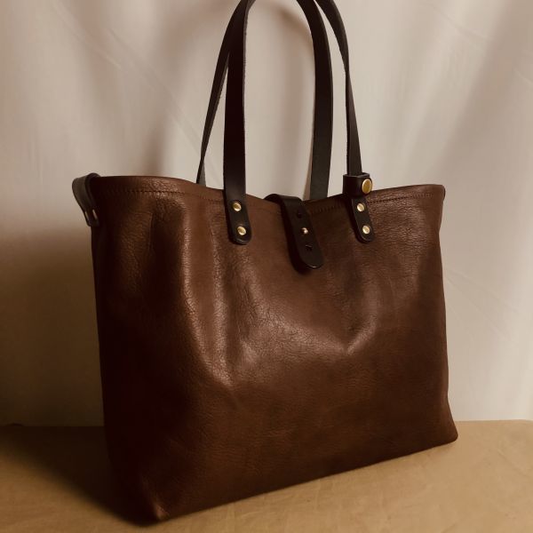 JAPANクラフト☆肉厚ブラウン本革オイルヌメと4mm極厚姫路レザー持ち手の育てるレザーバッグ! ハンドメイド一点物 肩掛けトート B325