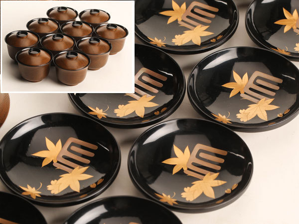 箱付 吸物椀 流茶懐石道具 吸物椀十客 流水紅葉蒔絵 剣先 【
