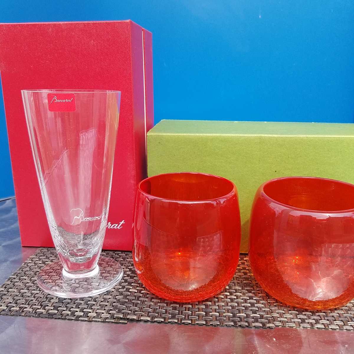 未使用 バカラ １５年前のグラス 琉球ガラス ペアグラス ３点セット Baccarat 伊藤園 懸賞 当選品 企業物 手作り ひび割れ加工 工芸 まとめ