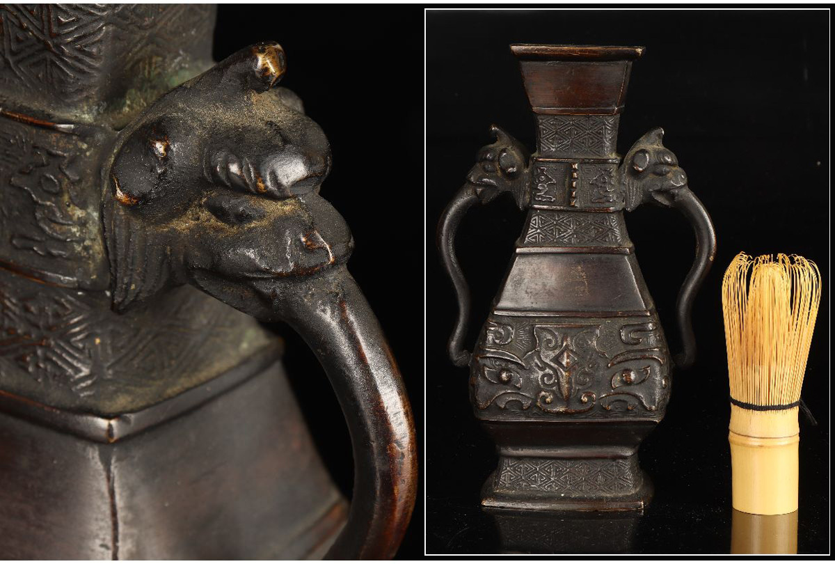 [URA]中国古玩/古銅製饕餮文獣耳花瓶/1152g/4-i-286(検)骨董/銅花瓶/花器/花入/花生/壷/飾壷/唐物/古玩