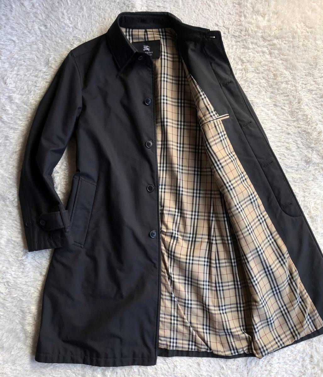 バーバリー ブラックレーベル ステンカラーコート ブラックカラー チェック柄 刻印ボタン Lサイズ