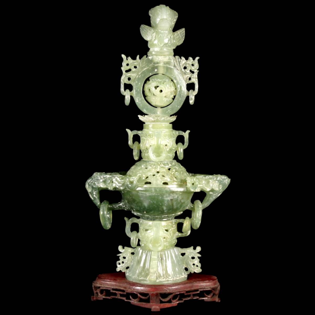 ◇楾◇ 中国古玩 玉製 翡翠 龍雲彫刻香炉 39.5cm 16kg 唐木台