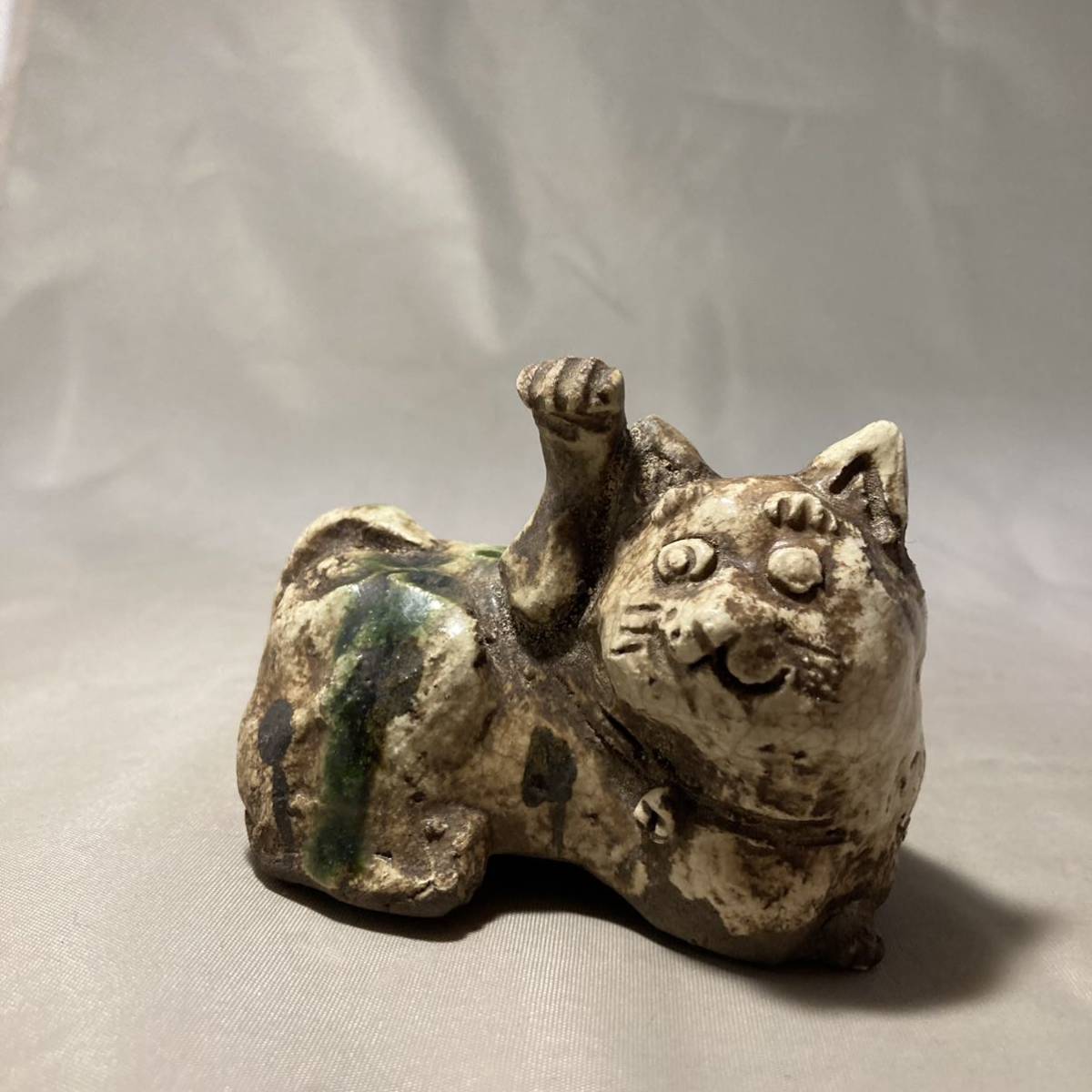 古玩 骨董 古い 招き猫 美濃 織部焼 土人形 珍品 焼きもの 縁起物 猫