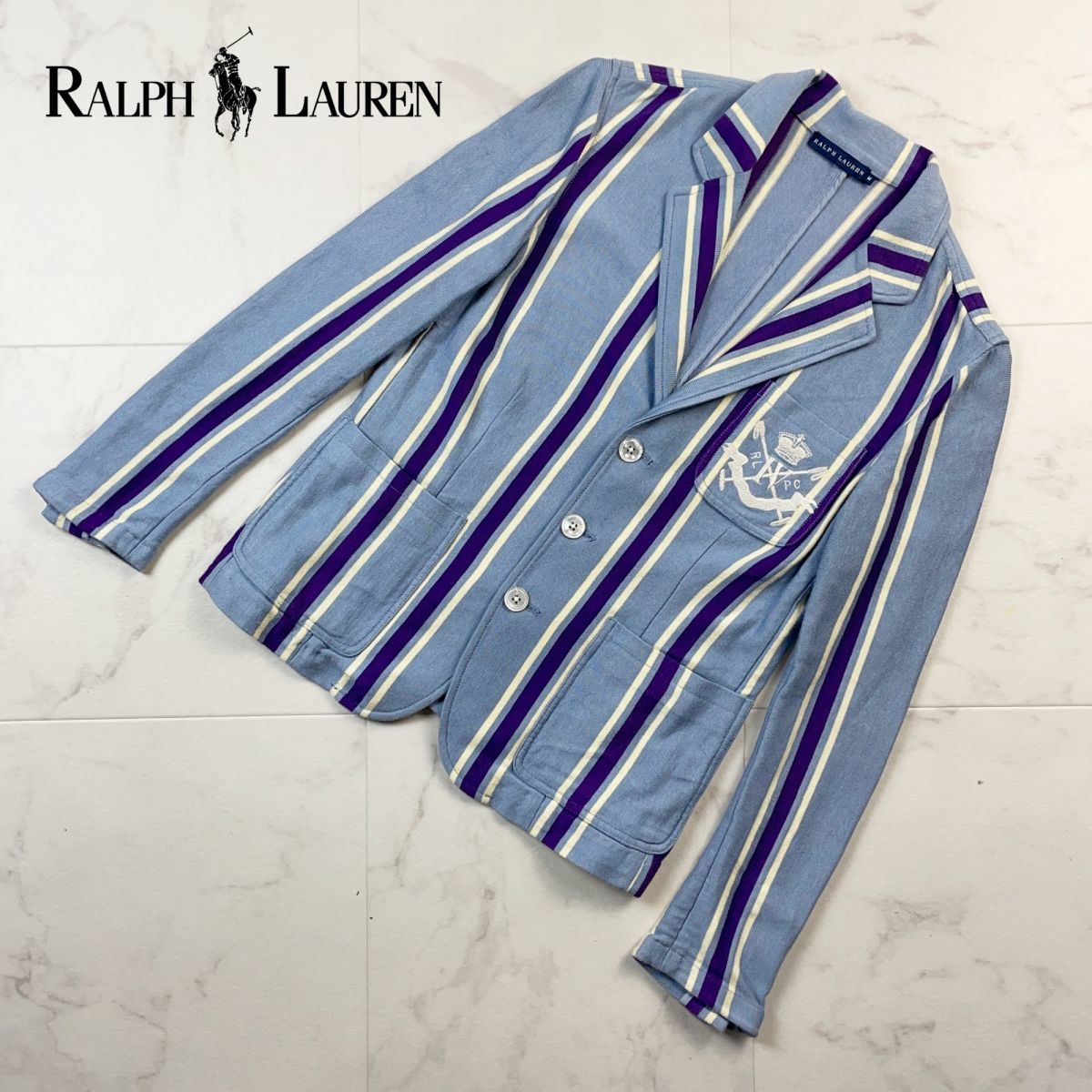 Ralph Lauren ラルフローレン ストライプ ポイント刺繍 テーラードジャケット 背抜き メンズ ジャケット 青 ブルー サイズM*ZZ428