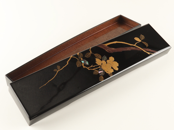 流】木製漆器 黒塗内梨地蒔絵短冊箱 箱付 DA472 蒔絵の中古