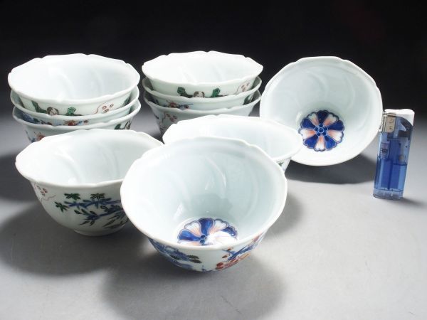 N791. 中国古玩【大明嘉靖年製】五彩 唐人松竹梅図 煎茶碗 十客 合