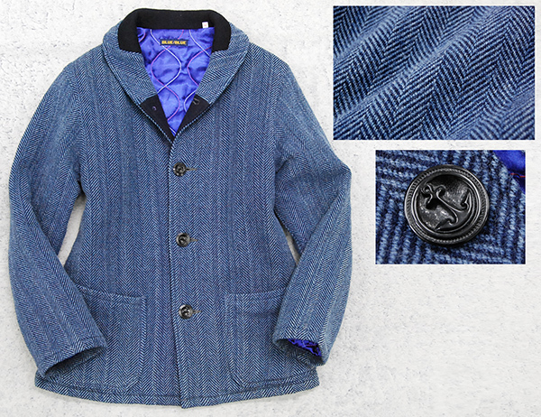 名作！定価￥50，600 美品 ハリラン BLUE BLUE 極上ふんわりロービングツイード インディゴ/ヘリンボーン 中綿ショールカラージャケット