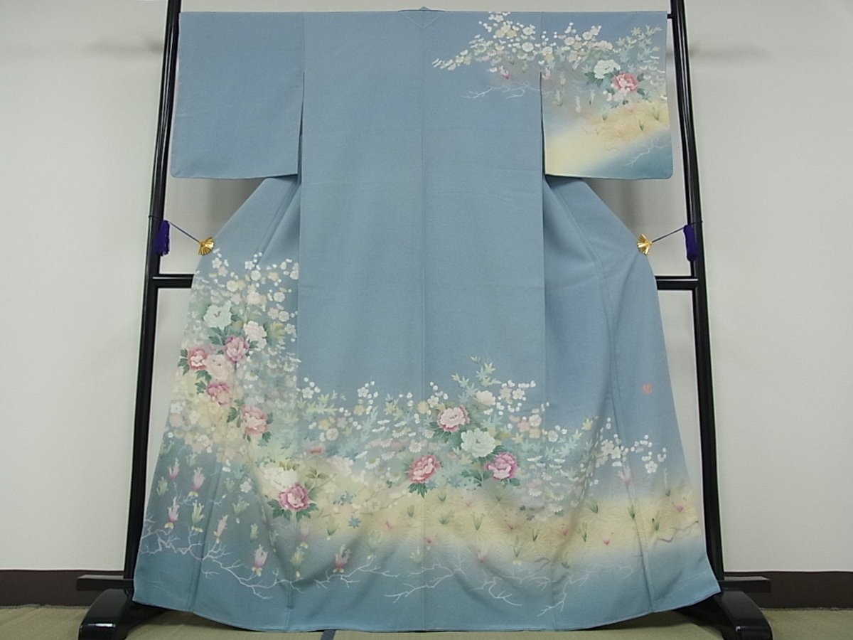 花美人□極上 訪問着 更紗花鳥文 暈し染め 金彩 逸品 az606 訪問着 暈