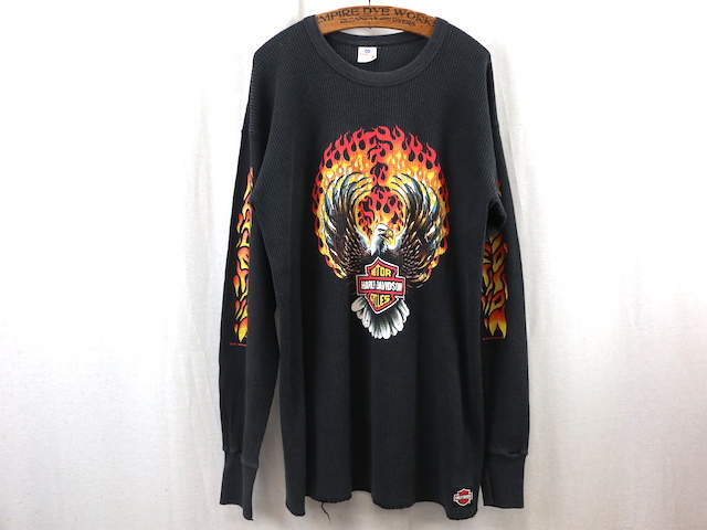 90'S USA製 ハーレーダビッドソン 両面 袖 プリント サーマル 長袖Tシャツ(XL)ブラック ロンT