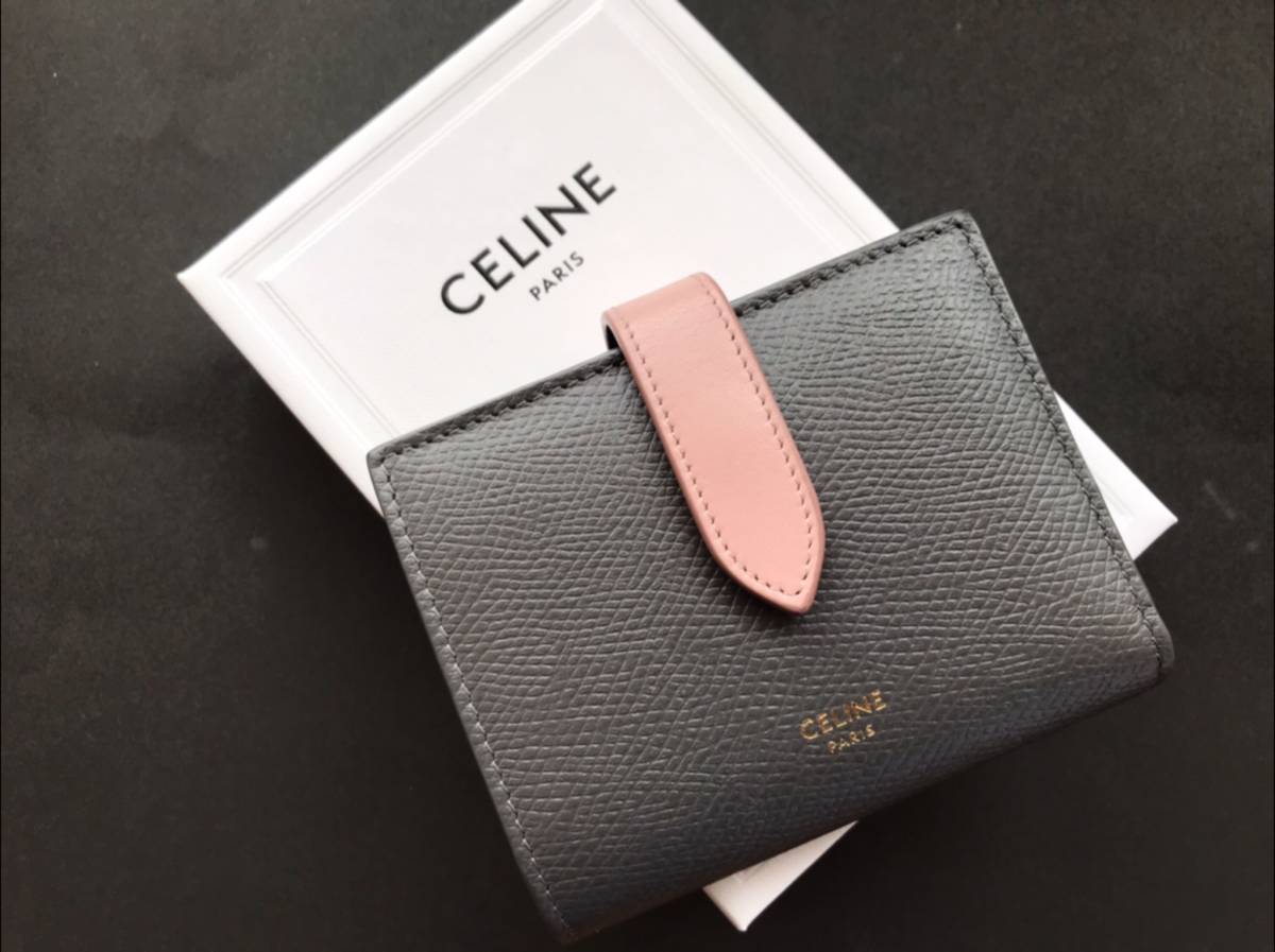 ★セリーヌ★CELINE★二つ折り財布★small strap wallat★グレー／ヴィンテージピンク