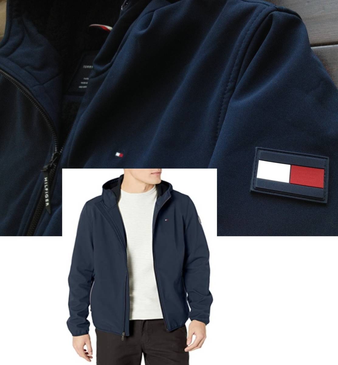 【既決USA】トミーヒルフィガー★TOMMY HILFIGER@胸元刺繍&袖【Flag】ロゴ入ファー付【TH Sherpa-Lined Softshell Hooded Fur JKT】紺@2XL