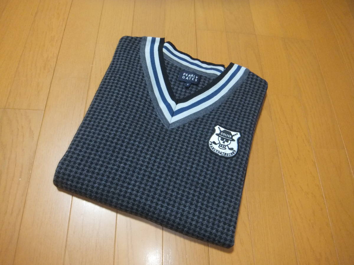 新作登場，大得価 パーリーゲイツ PEARLY GATES 千鳥格子 ハウンドトゥース 柄＆胸にスカル刺繍入り 極暖のＶネックウールセーター/サイズ5 日本製(セーター)｜売買されたオークション情報、yahooの商品情報をア セーター
