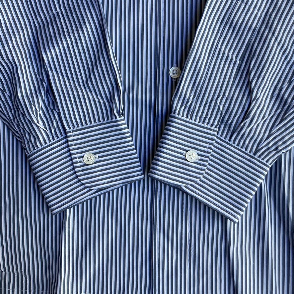 美品 42 Charvet ドレスシャツ　フランス製　ストライプ　大きいサイズ シャルべ Charvet フランス製 ドレスシャツ シャドーストライプ ブルー