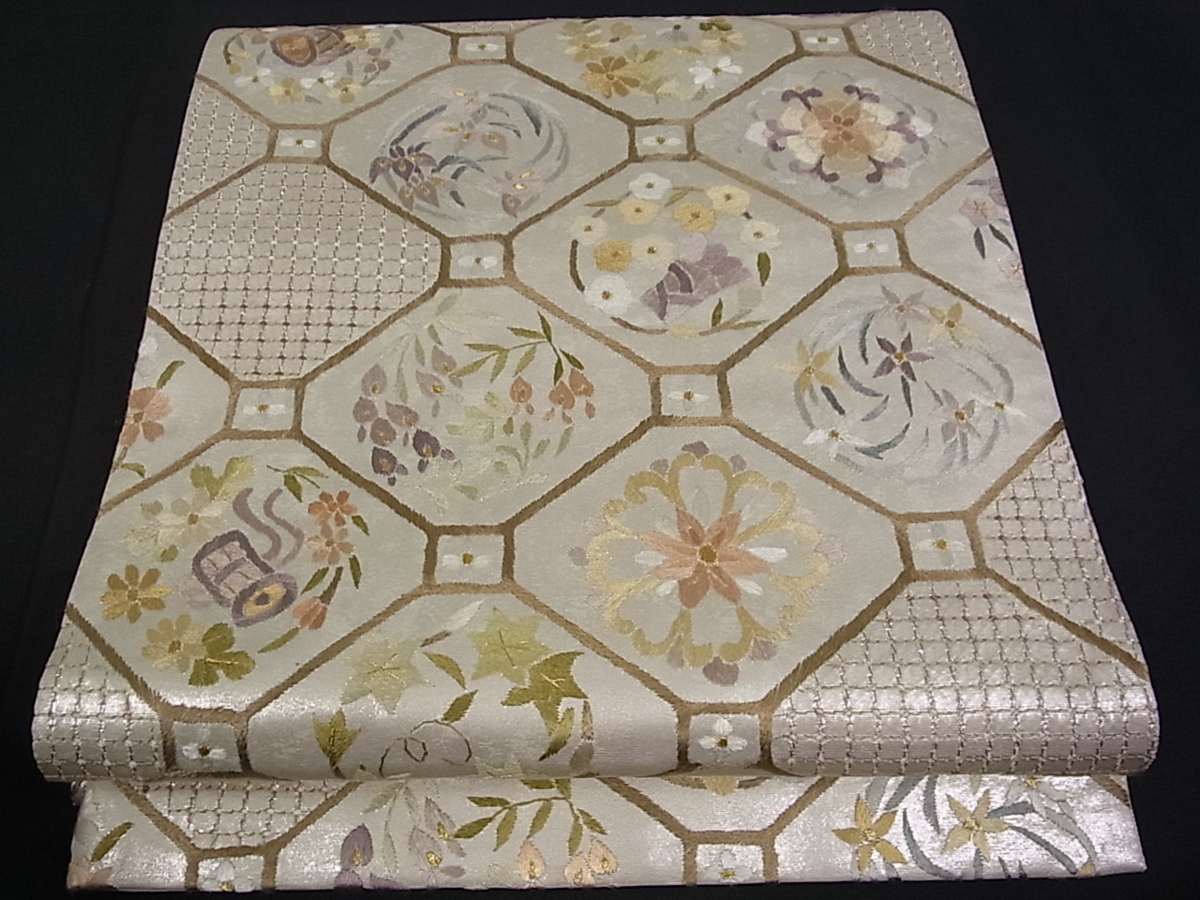 平和屋□極上 六通柄袋帯 総刺繍 スワトウ刺繍 花丸蜀江文