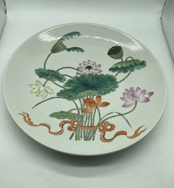 清朝期 光緒年製 銘 色絵蓮花紋大皿 唐物 中国美術 径約 37.5cm