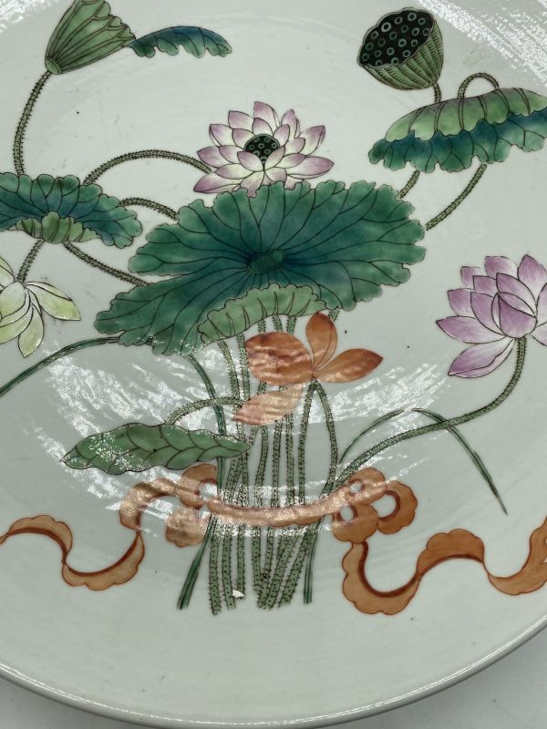 清朝期 光緒年製 銘 色絵蓮花紋大皿 唐物 中国美術 径約 37.5cm