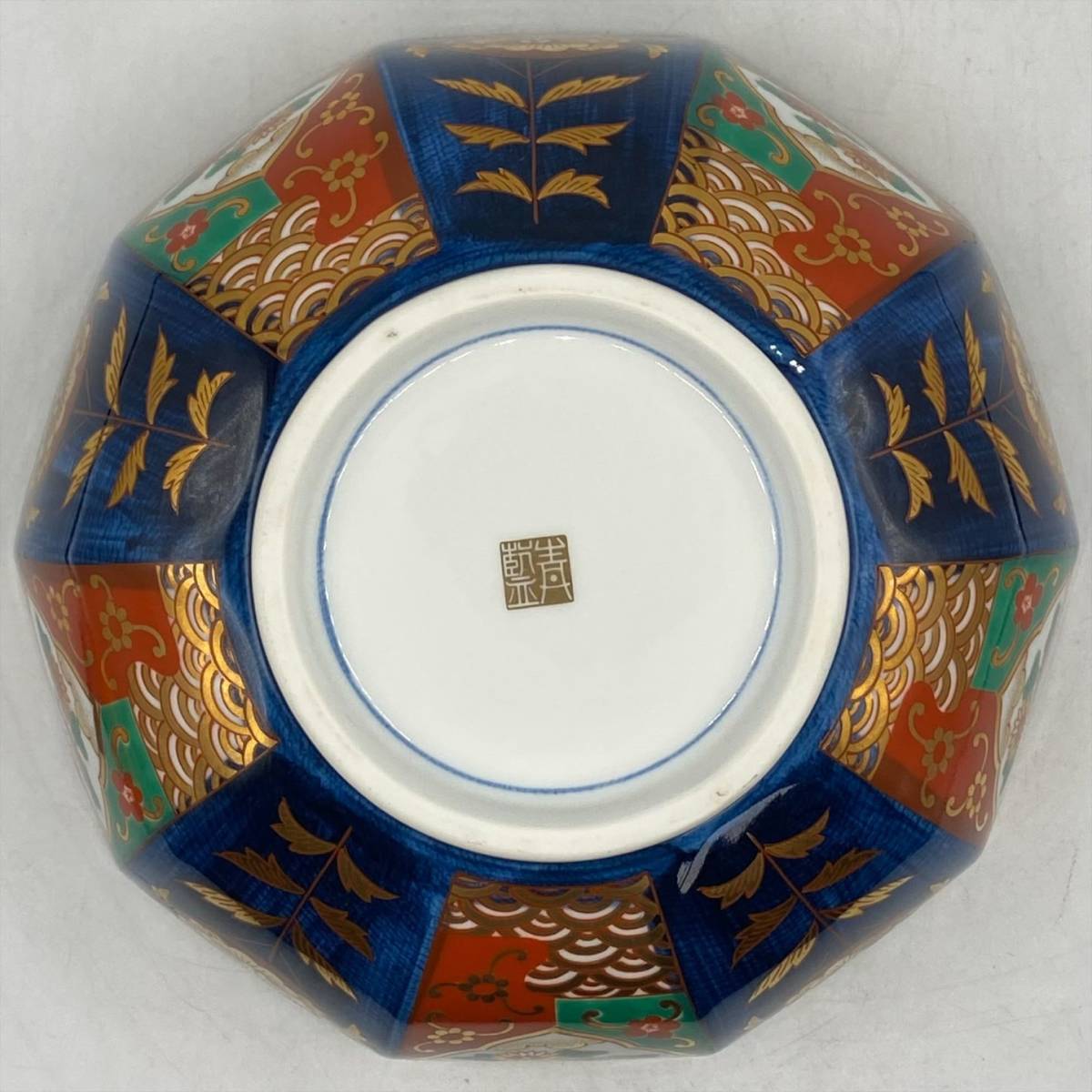 骨董品 古伊万里 月弓 金彩染錦窓絵 青海波紋 蓋付鉢 丼茶碗 有田焼 明治期