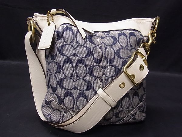 1円 □美品□ COACH コーチ 10403 シグネチャー デニム×レザー G金具  
