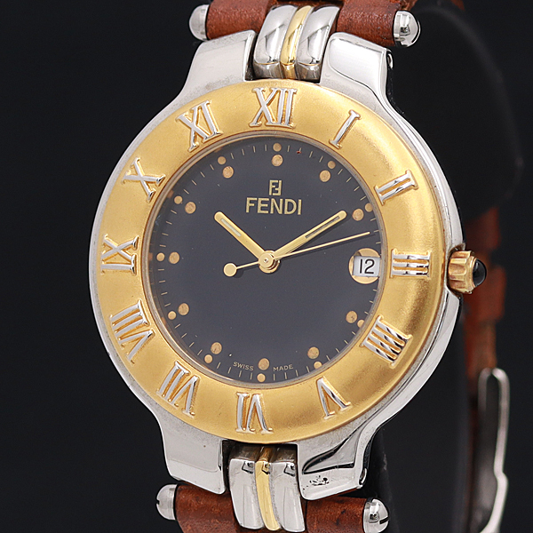 1円□稼働□正規品【フェンディ】QZ 900G ラウンド デイト 黒文字盤 メンズ腕時計 A0168511