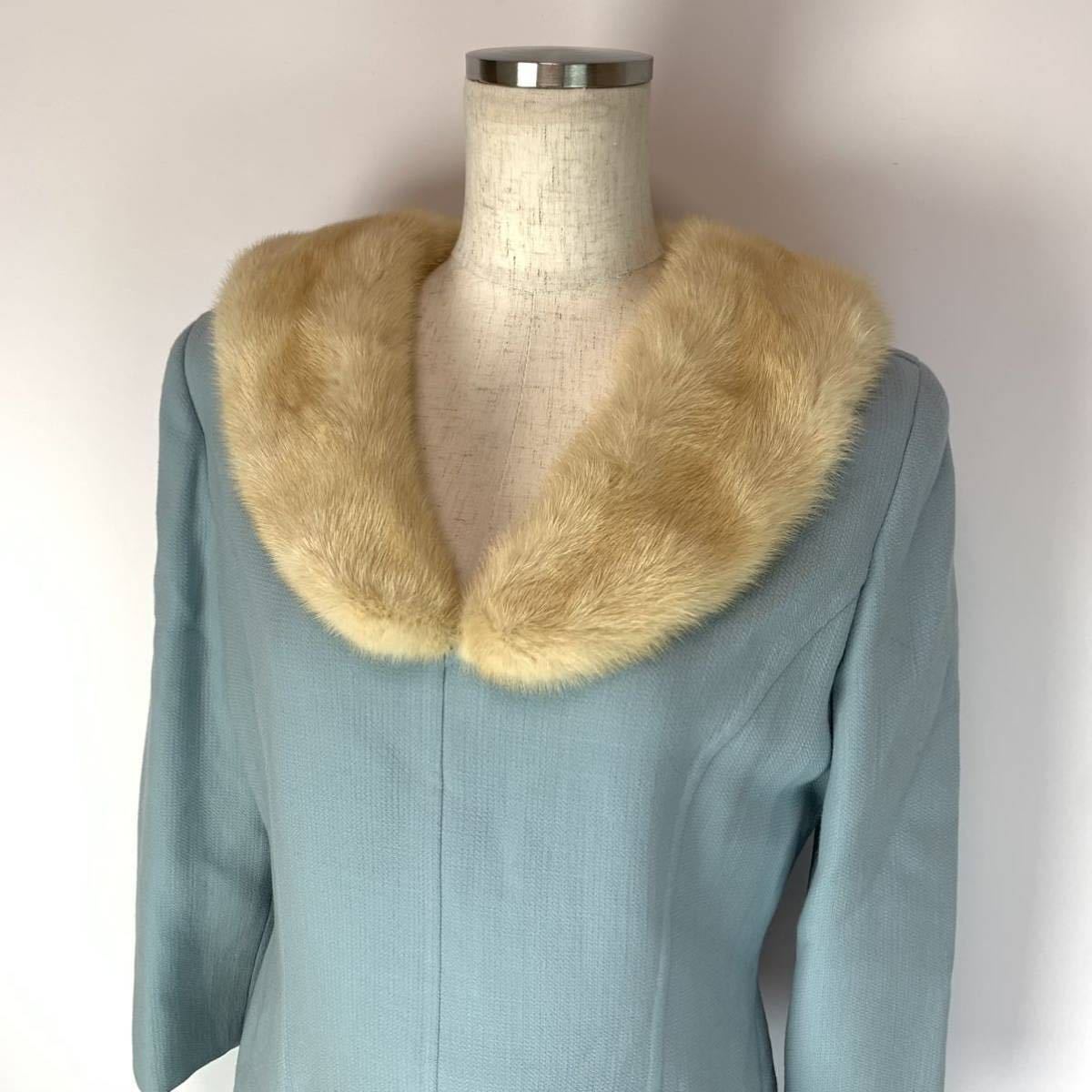 美品 FOXEY フォクシー ワンピース ミンク 襟ファー 毛皮 ブルー 2way 