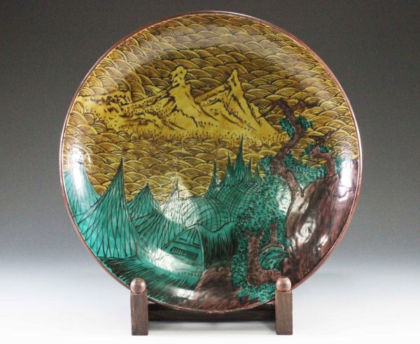 九谷焼 古九谷 角福 青手九谷吉田屋 風景図大皿 37cm 一尺皿 江戸後期 
