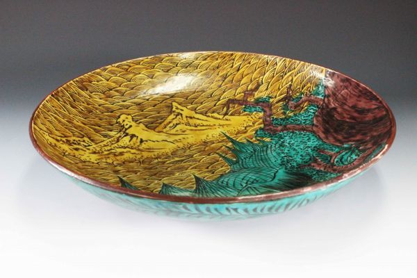 九谷焼 古九谷 角福 青手九谷吉田屋 風景図大皿 37cm 一尺皿 江戸後期 