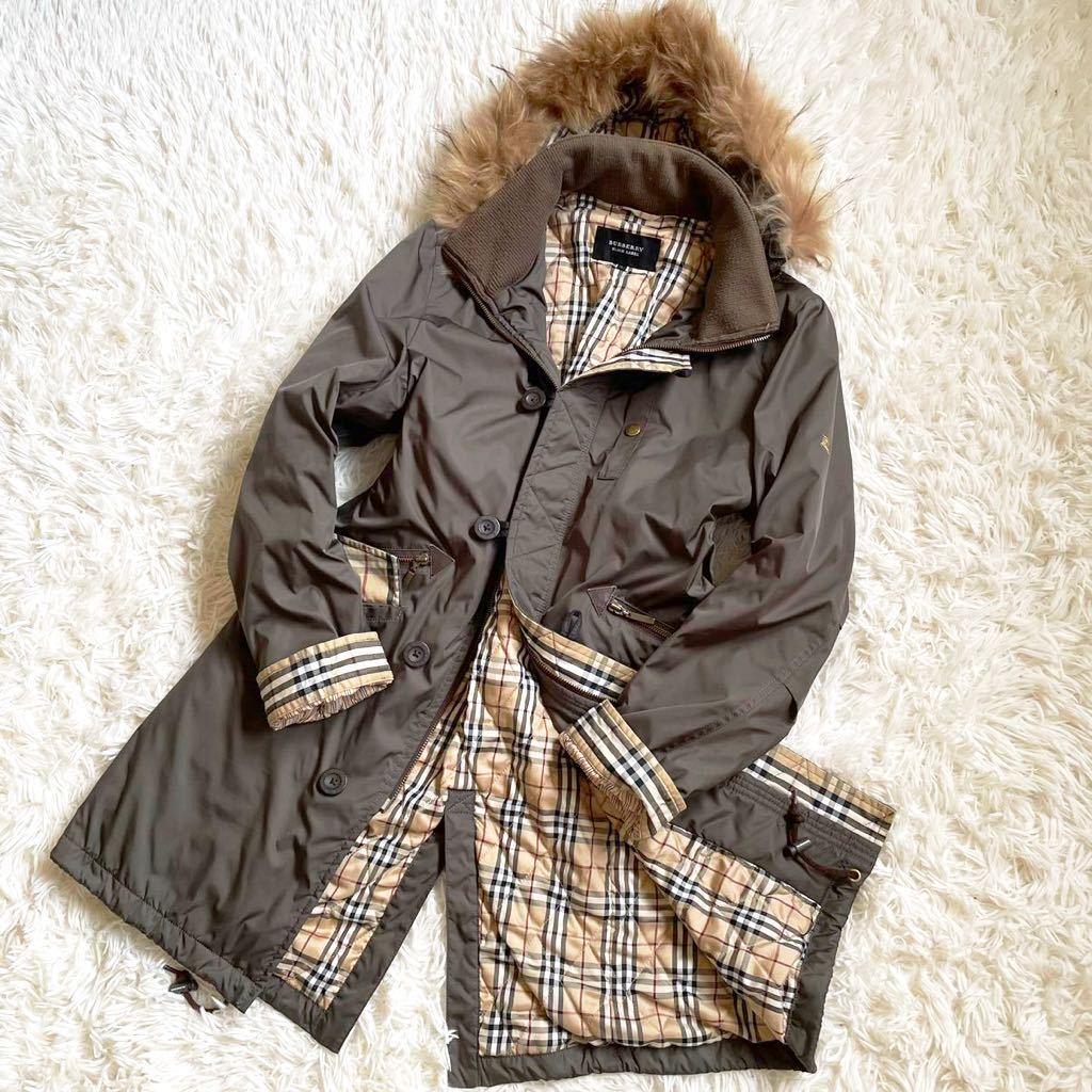 バーバリーブラックレーベル『最高傑作』BURBERRY BLACK LABEL モッズコート ロング ダウンジャケット コート L《ラクーンファー》カーキ