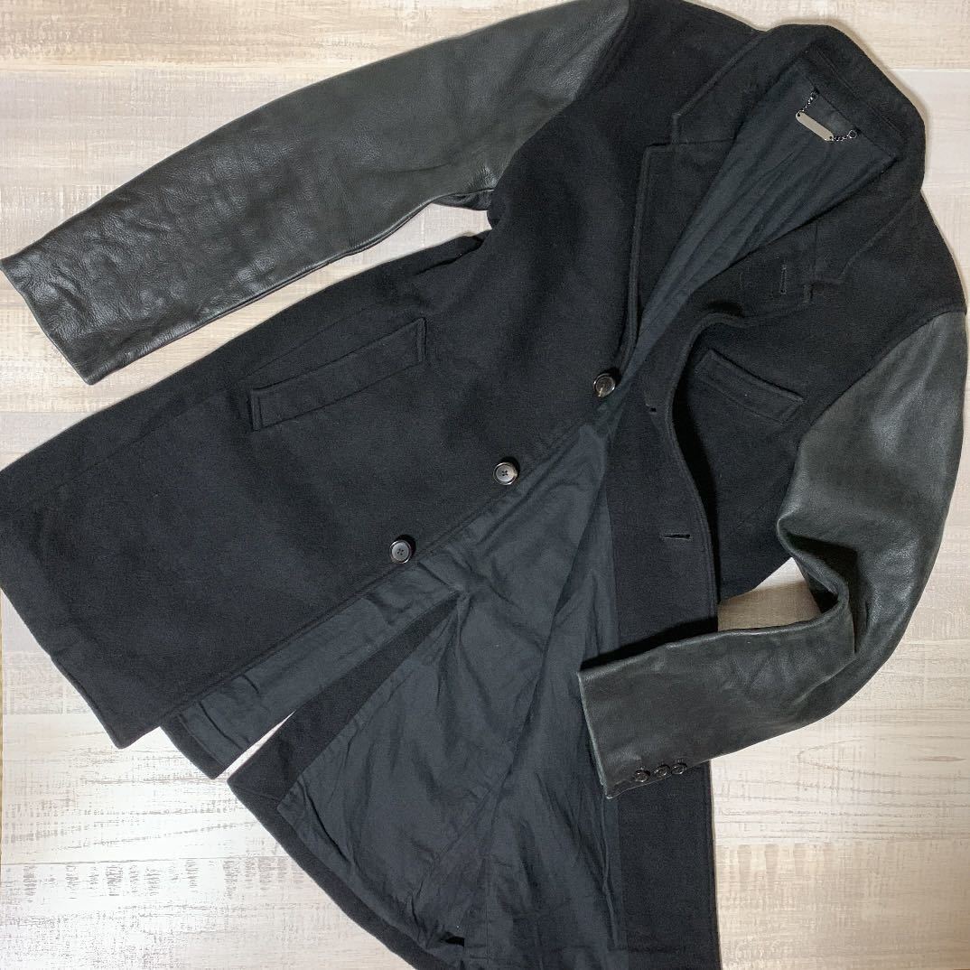 【袖牛革】MONKEY TIME ウール カウ レザー 切替 チェスターコート モンキータイム ブラック 黒 UNITED ARROWS ユナイテッドアローズ 切替 チェスターコート モンキータイム TIME)|レザースリーブ切替 いのっち様専用♪モンキータイム 袖レザー