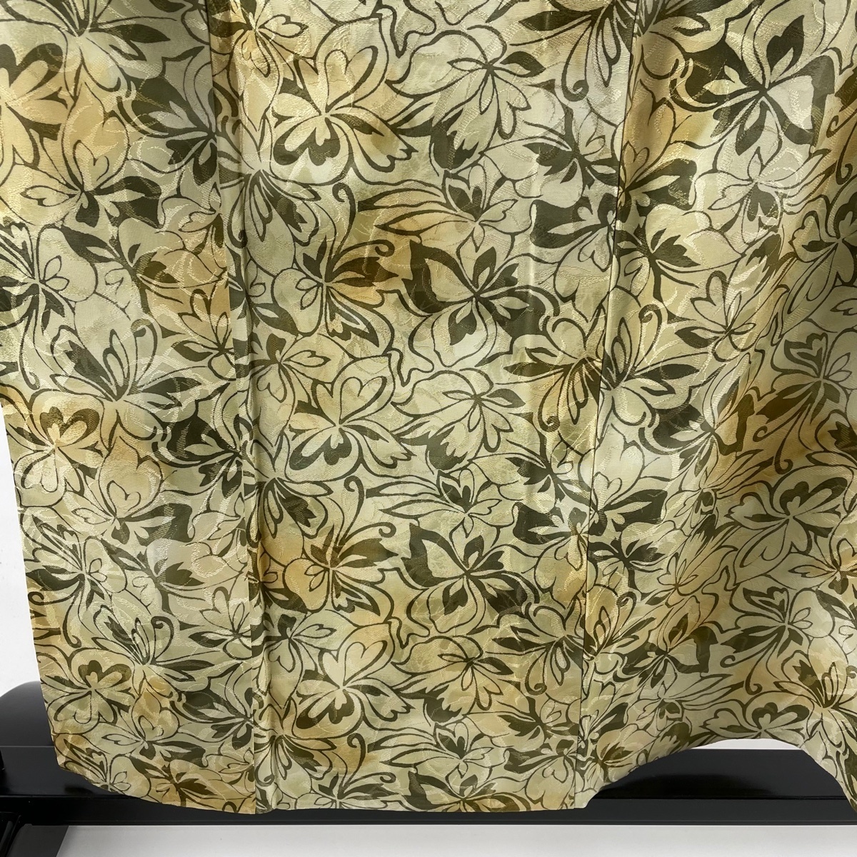 小紋 美品 秀品 花 蝶 ぼかし 薄緑 単衣 158.5cm 65cm M 正絹 【中古 