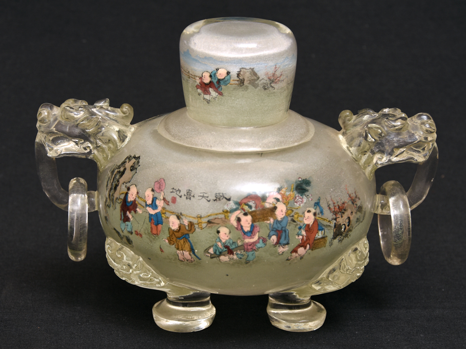 中国美術 溶錬水晶内画球清明上河図 獣彫 獣耳遊環三足香炉 絵付 猫足