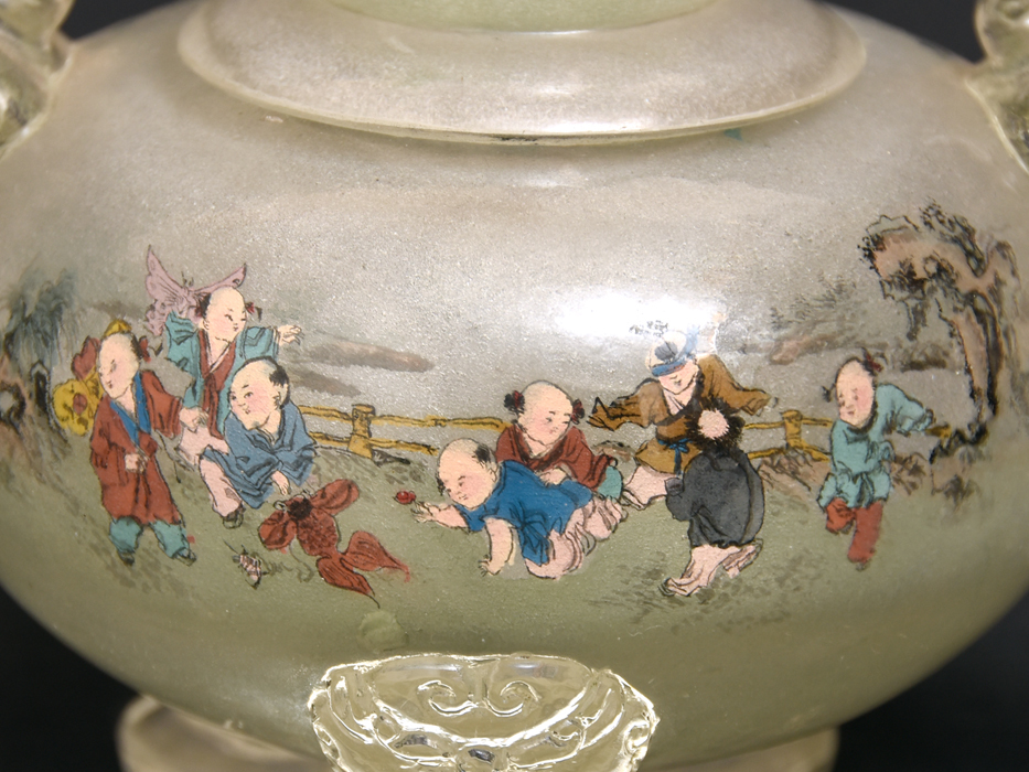 中国美術 溶錬水晶内画球清明上河図 獣彫 獣耳遊環三足香炉 絵付 猫足