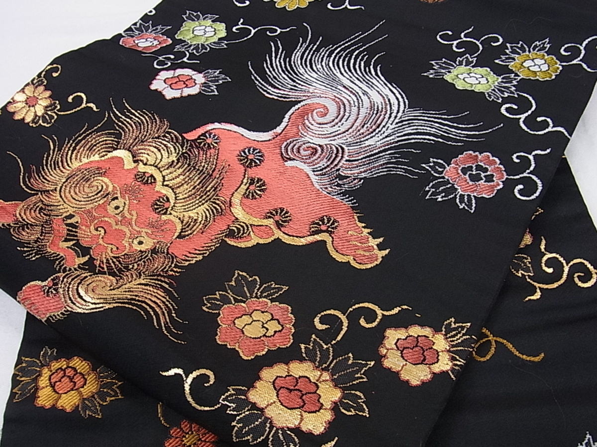 花美人着物□九寸名古屋帯 唐織 唐獅子 黒地 金糸 逸品 az869 | 西陣織