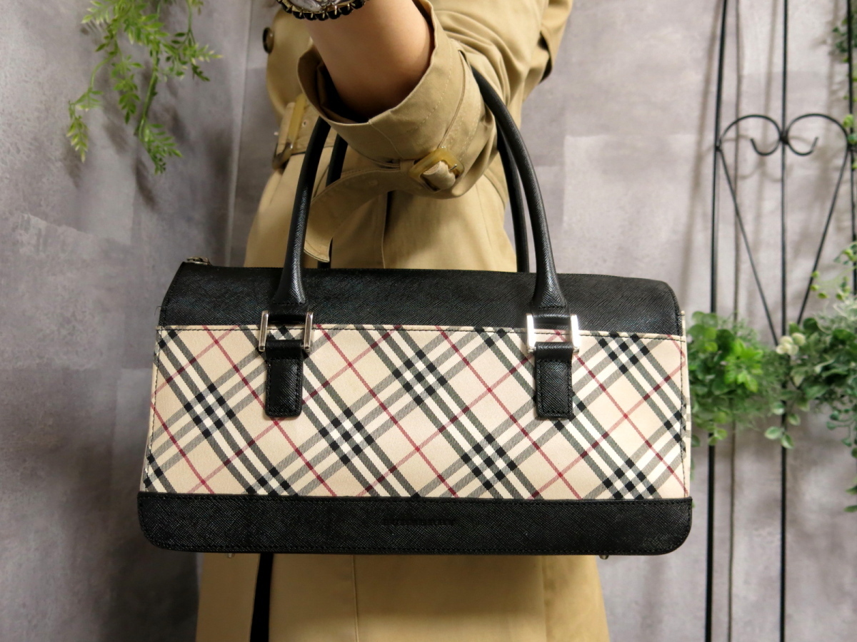 美品 バーバリー ノバチェック トートバッグ レザー キャンバス ○超美 