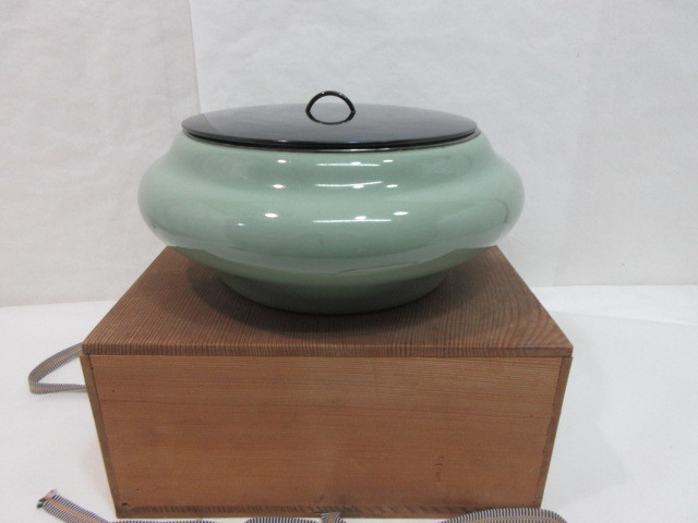 茶道具 青磁 染付 古美味手塚祥堂 染付平水指 保証品 WpX1