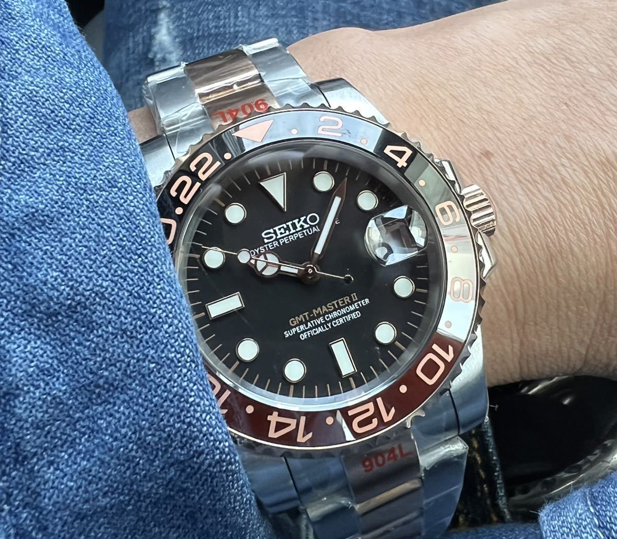 1円スタート☆SEIKO NH35搭載 GMT-MASTER2 MOD ローズゴールド カフェ 