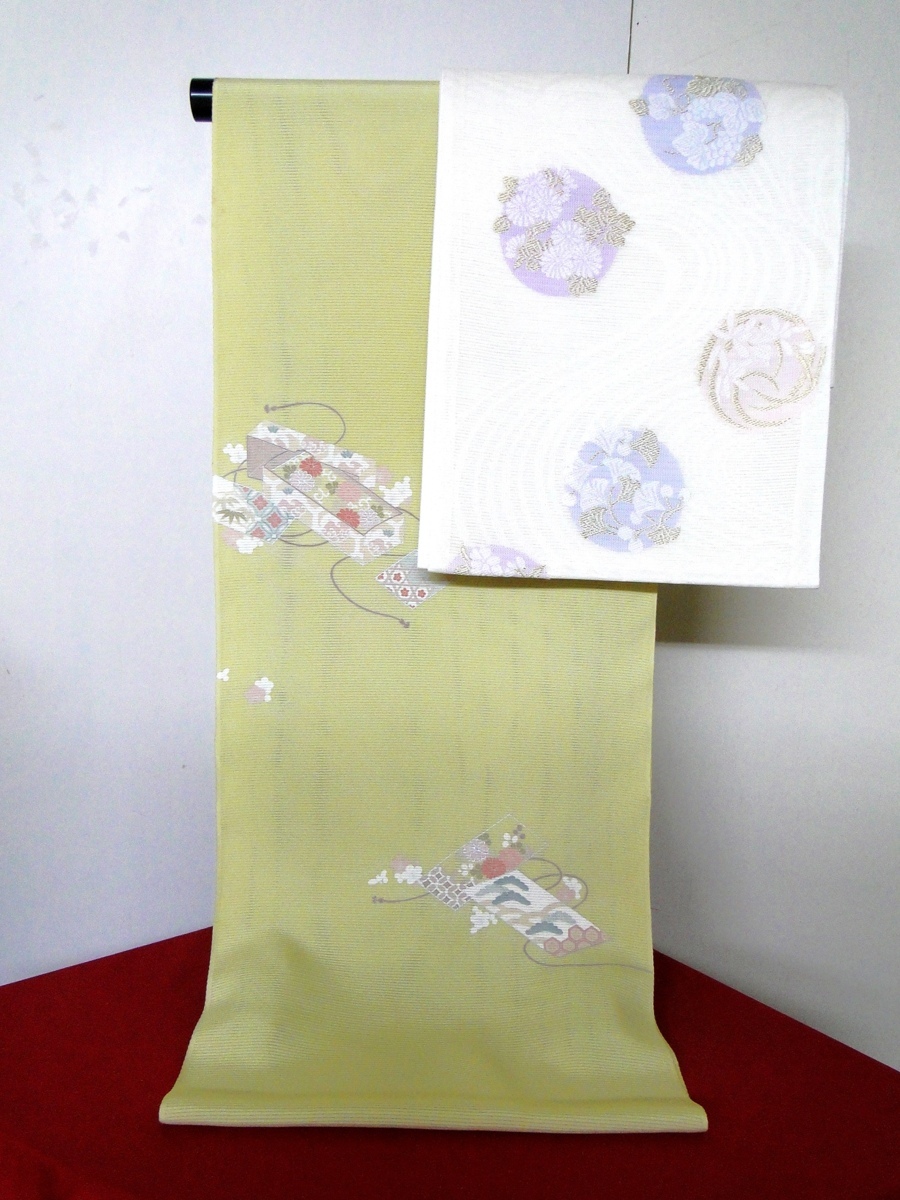 【絹工房33】高級手縫仕立付★新品★夏用五泉駒絽・文箱四季花柄付下5点セット★石勘謹製・今年度最新柄！ 夏物・五泉駒絽の着物です！刺繍入り訪問着『唐草に華紋：白地に薄緑 五泉 小紋 桜 紅葉 未