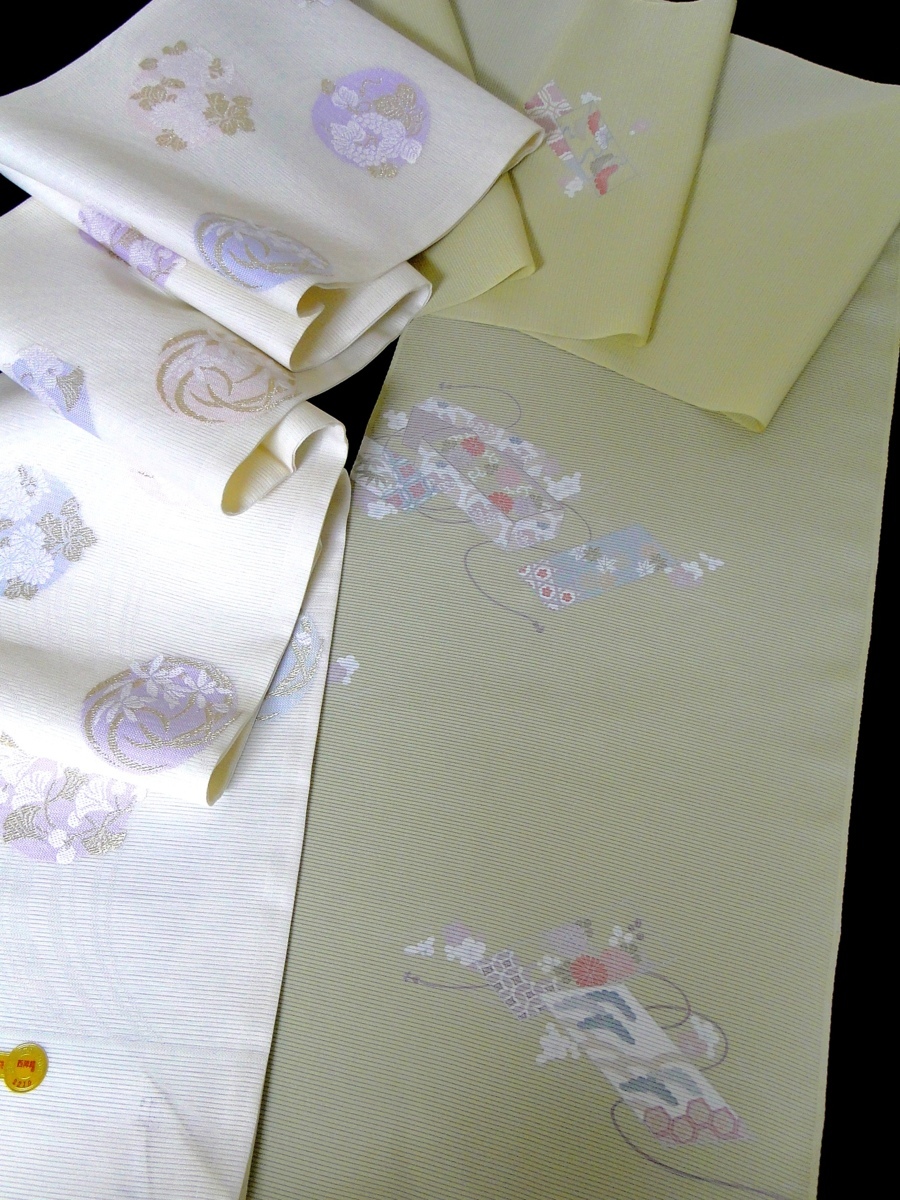 【絹工房33】高級手縫仕立付★新品★夏用五泉駒絽・文箱四季花柄付下5点セット★石勘謹製・今年度最新柄！ 夏物・五泉駒絽の着物です！刺繍入り訪問着『唐草に華紋：白地に薄緑 五泉 小紋 桜 紅葉 未