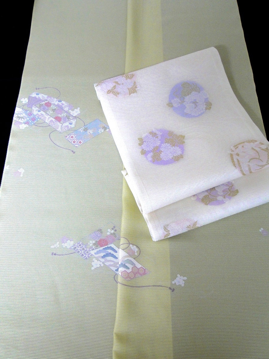 【絹工房33】高級手縫仕立付★新品★夏用五泉駒絽・文箱四季花柄付下5点セット★石勘謹製・今年度最新柄！ 夏物・五泉駒絽の着物です！刺繍入り訪問着『唐草に華紋：白地に薄緑 五泉 小紋 桜 紅葉 未