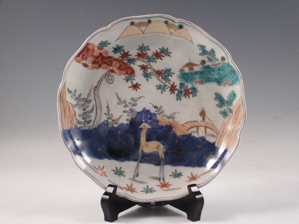 ■匠■古伊万里 色絵 鹿紅葉 山水文 輪花 七寸 皿 無傷完品 江戸期 34kw577