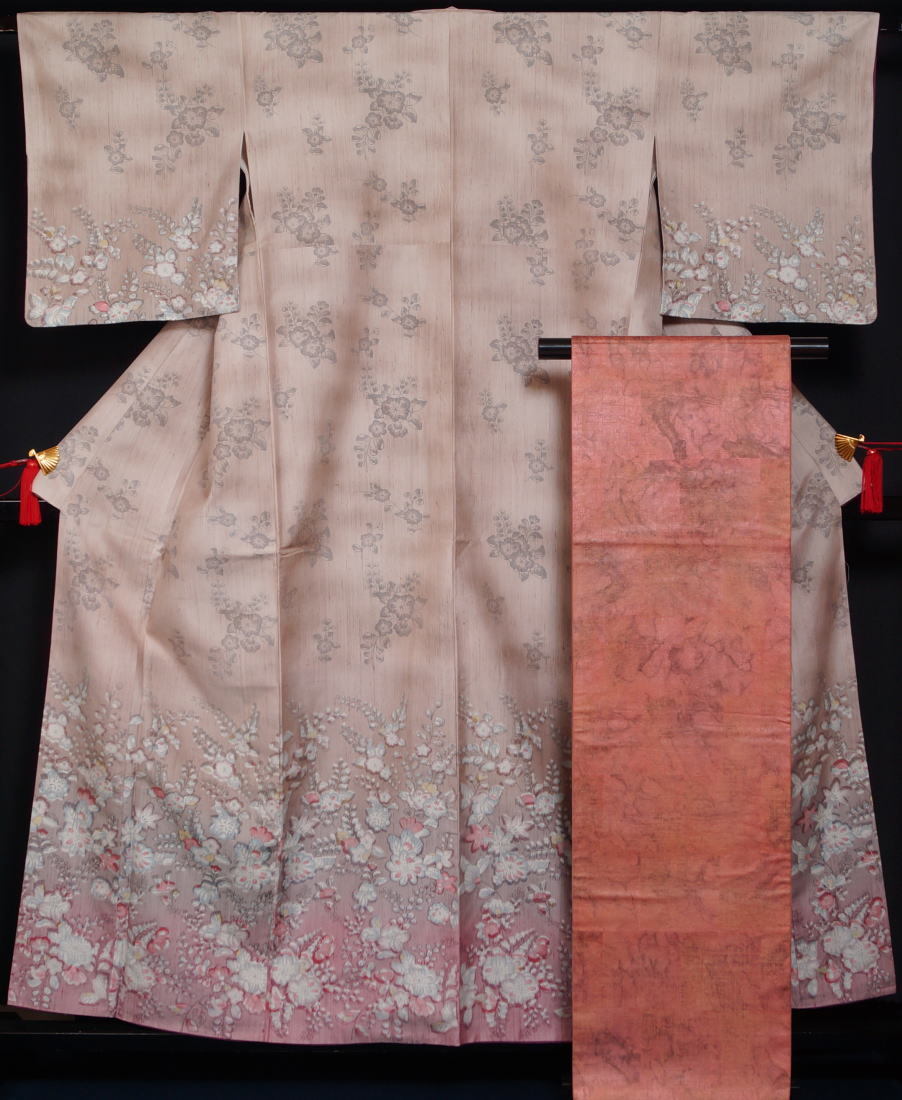 着物セット 洒落訪問着・洒落袋帯 2点 セット 辻が花模様 鴇鼠色 辻